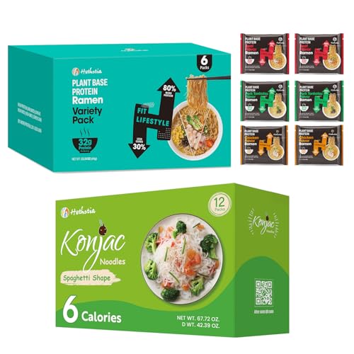 Hethstia 18Pcs Instant Ramen High Protein Variety Packaged Noodle Soup 6 Packs with Konjac Spaghetti 12Packs, Vegan, Low Fat