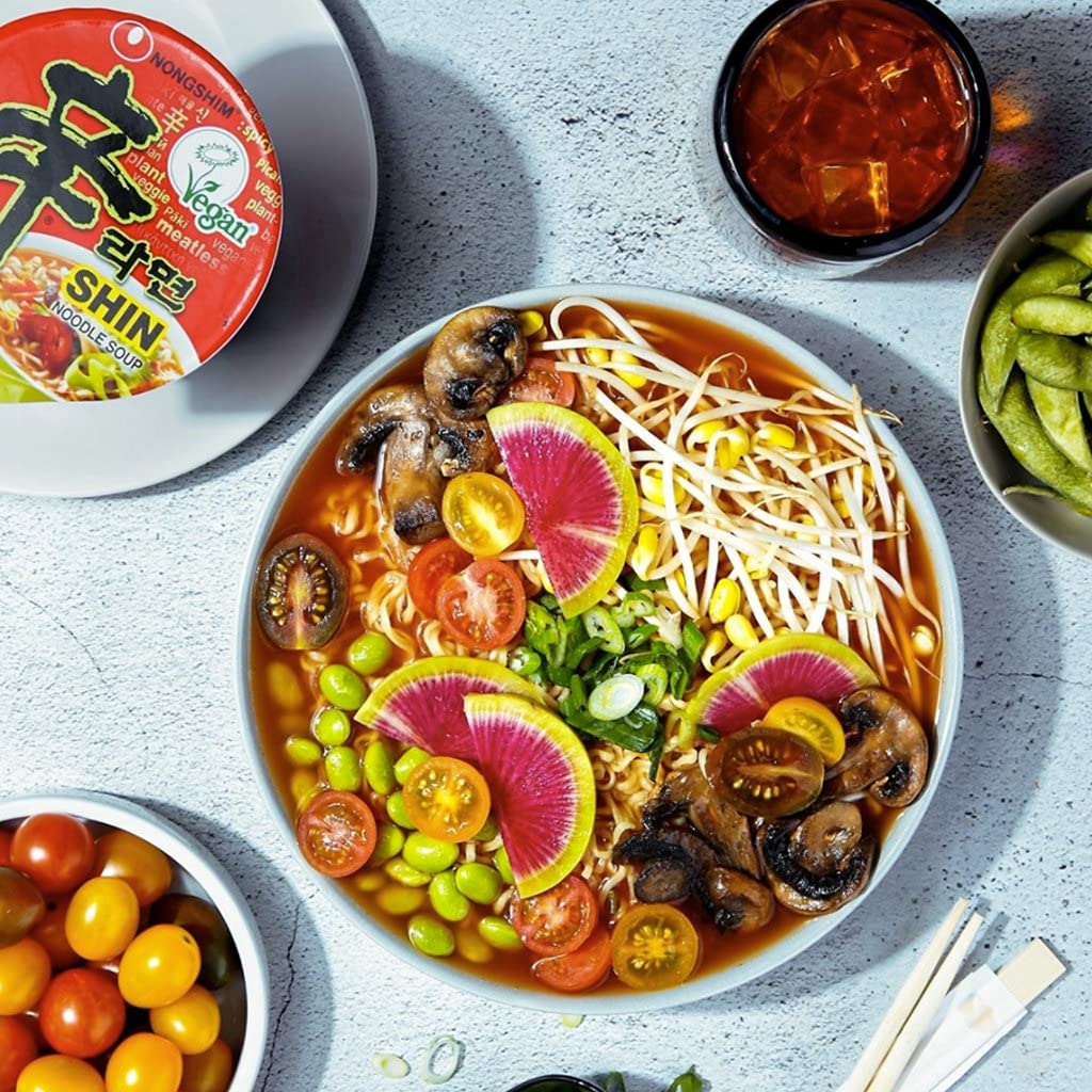 Gourmet Spicy Vegan Shin Instant Noodle Soup Mix Cup, 6 Pack, Microwaveable Vegan Meatless Ramen