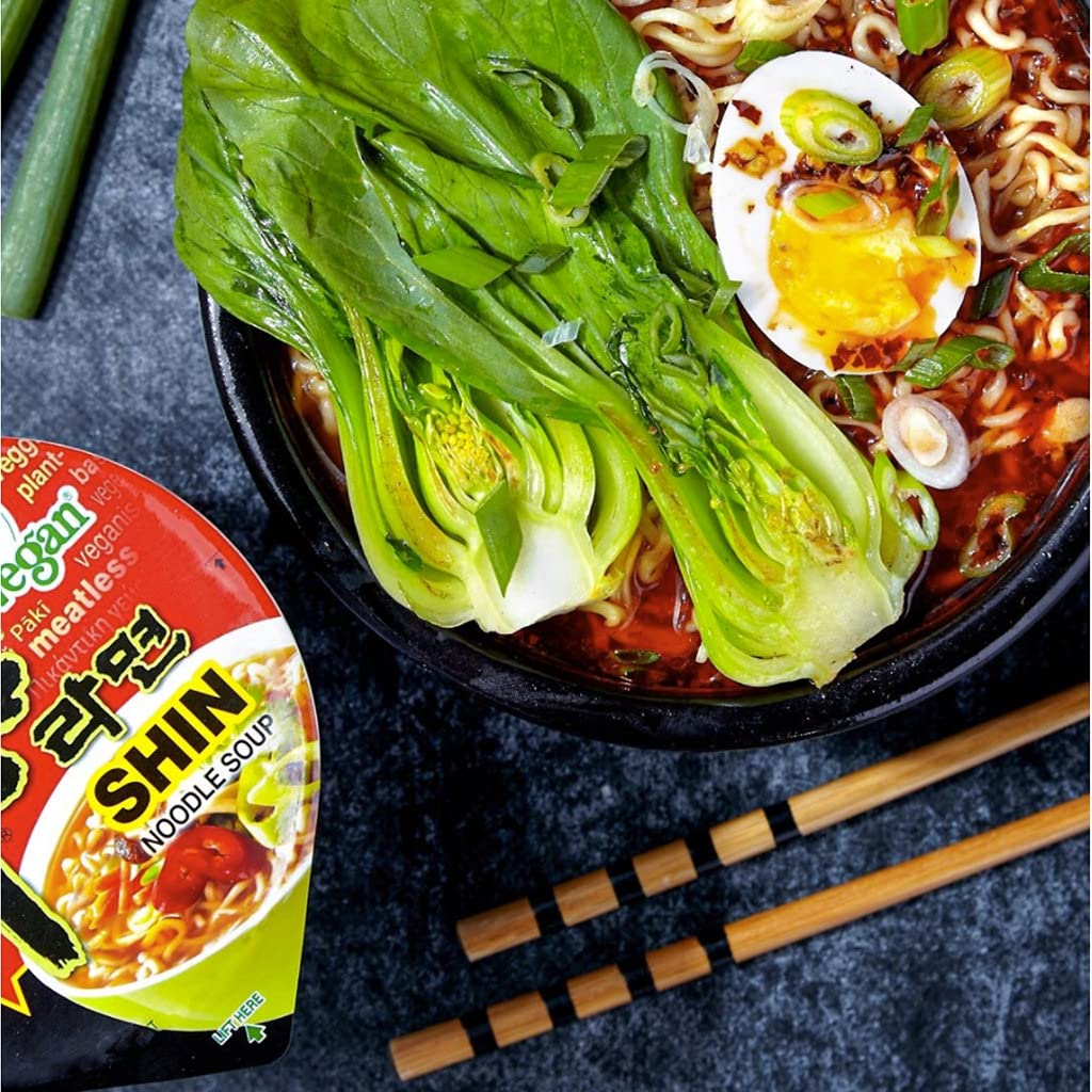 Gourmet Spicy Vegan Shin Instant Noodle Soup Mix Cup, 6 Pack, Microwaveable Vegan Meatless Ramen