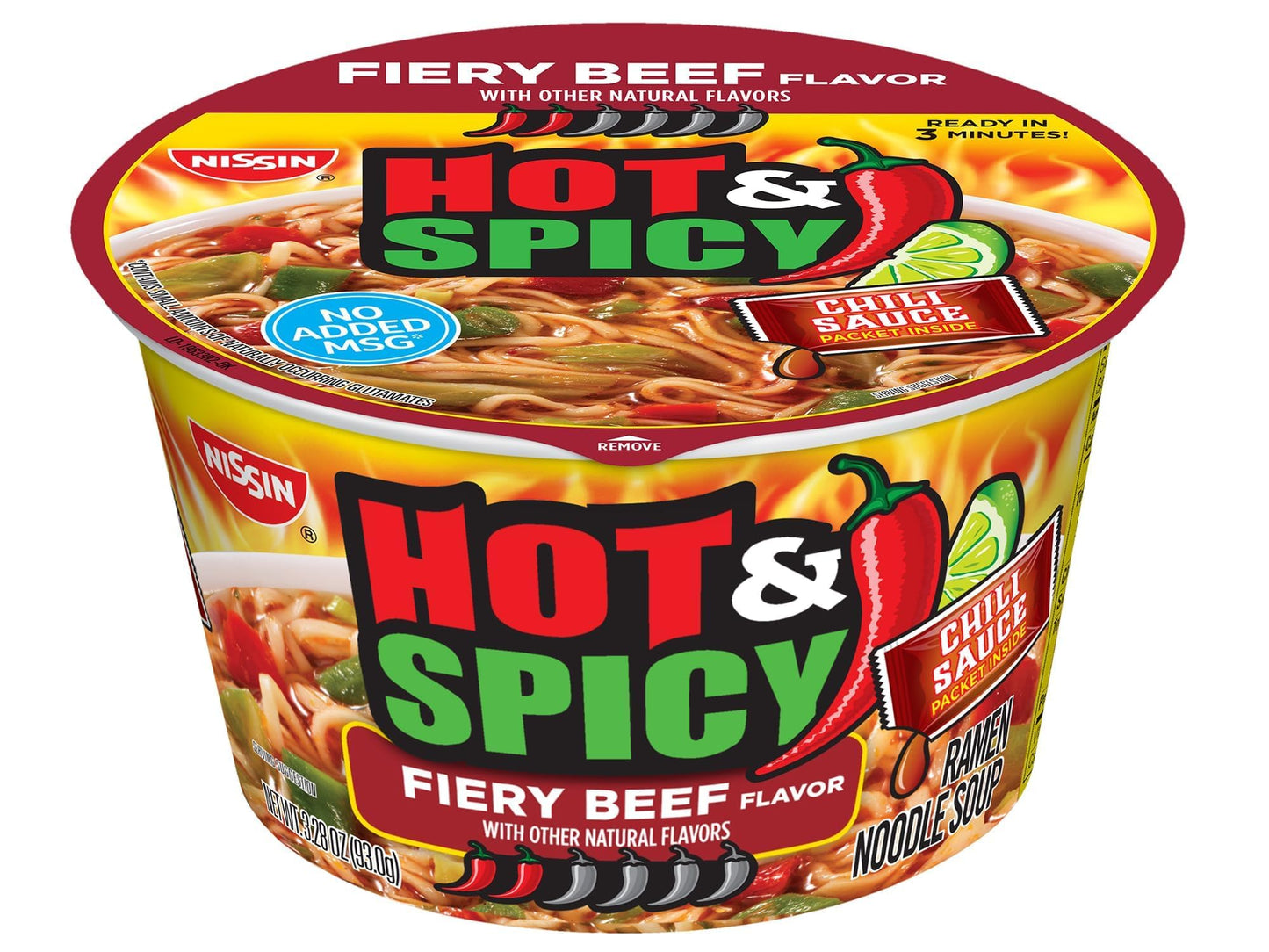 Nissin Hot & Spicy Ramen Noodle Soup, Fiery Beef, 3.28 Ounce (Pack of 6)