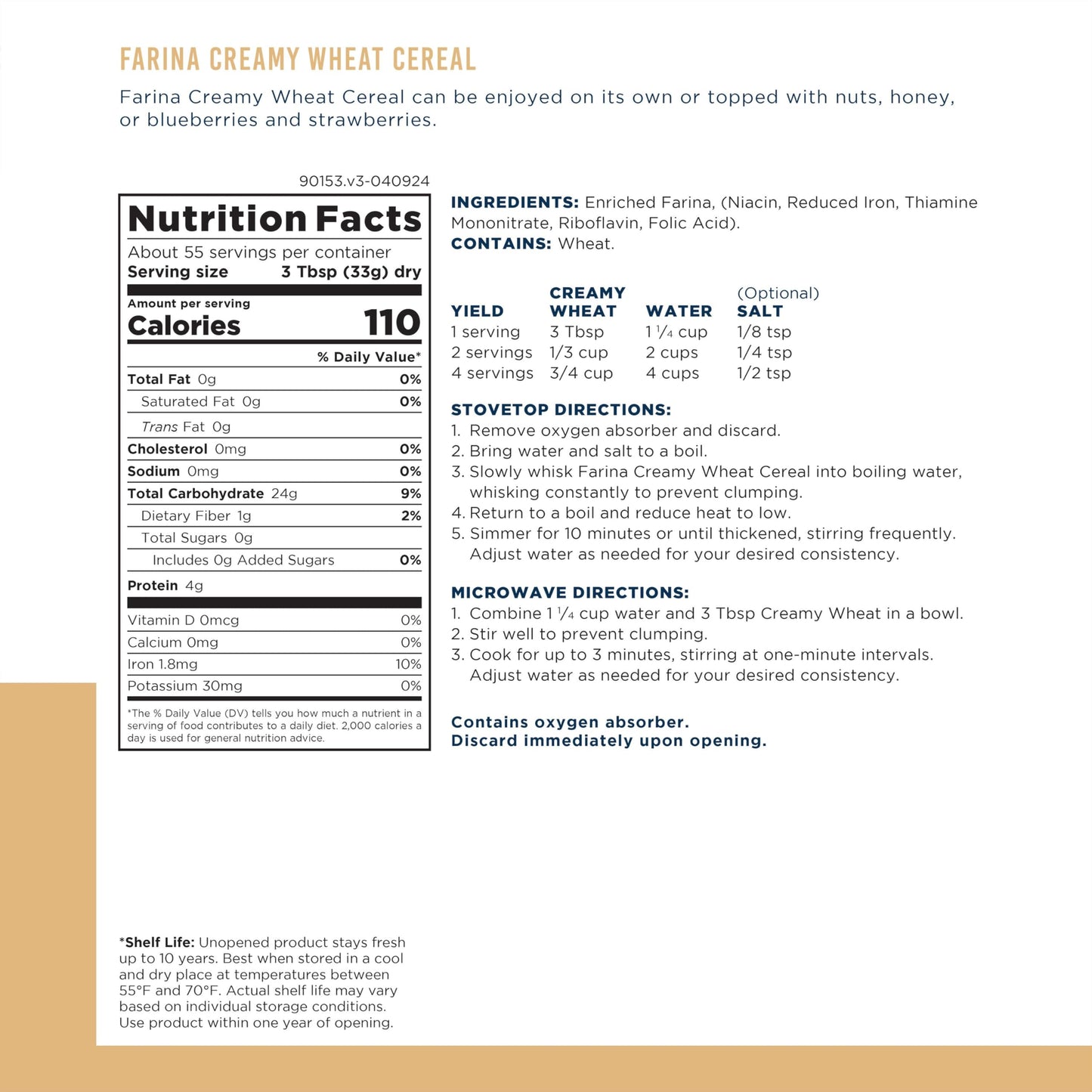 Augason Farms Creamy Wheat Cereal Can, Emergency Food Supply, Everyday Meals, 55 Servings