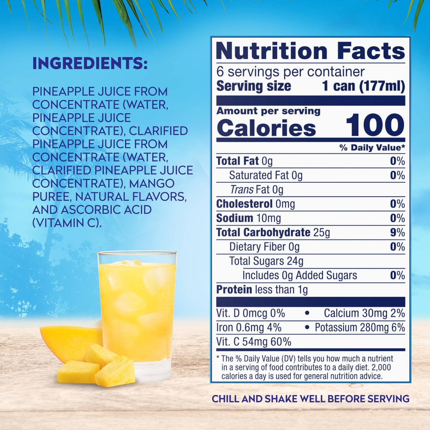 Dole 100% Pineapple Mango Juice, Excellent Source of Vitamin C, 6 Fl Oz (Pack of 6), 48 Total Cans