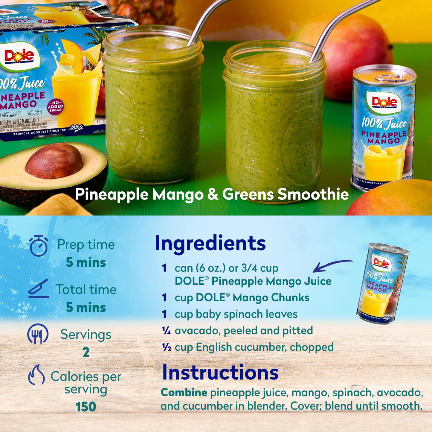 Dole 100% Pineapple Mango Juice, Excellent Source of Vitamin C, 6 Fl Oz (Pack of 6), 48 Total Cans