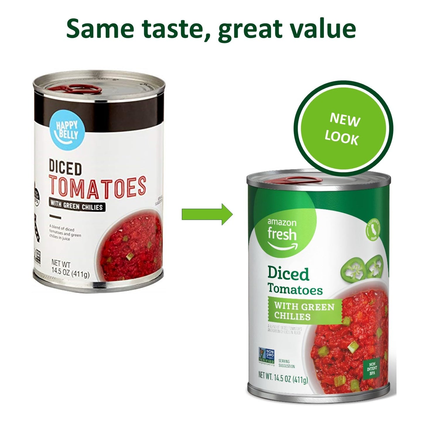 Amazon Fresh, Diced Canned Tomatoes With Green Chilies, 14.5 Oz (Previously Happy Belly, Packaging May Vary) (Pack of 4)