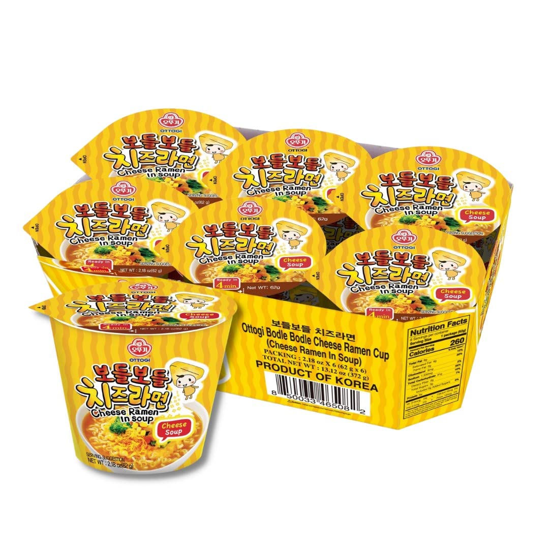 OTTOGI Cheese Cup Ramen, Korean Style Instant Cup Noodle, Rich Savory Cheese Flavor Cup Ramen Soup Noodle, 2.18oz x 6 Pack