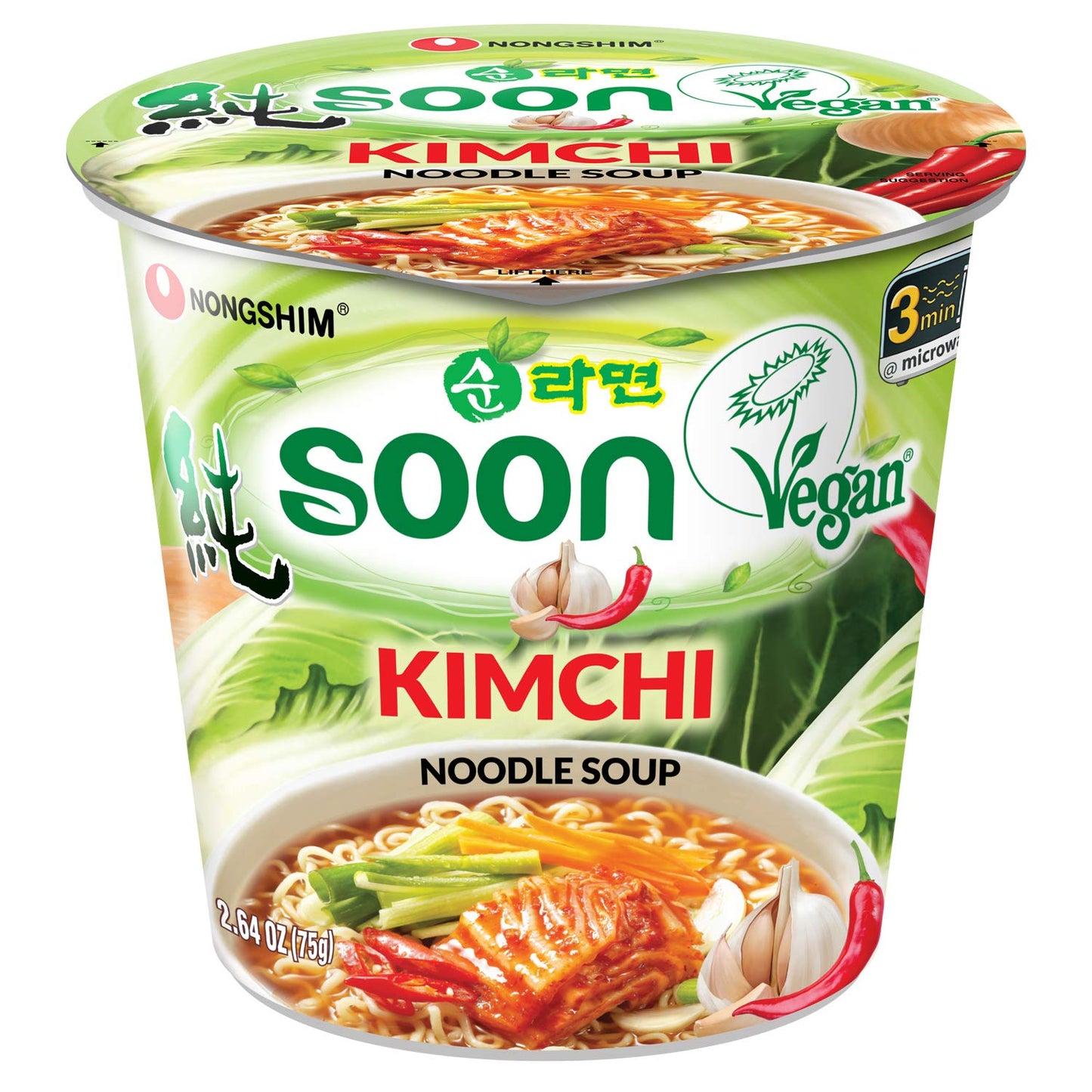 Soon Kimchi Instant Vegan Ramen Noodle Soup Mix Cup, 6 Pack