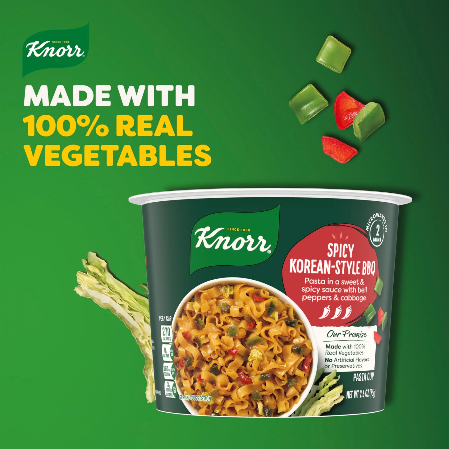 Knorr Pasta Cup Spicy Korean-Style BBQ 8 ct For a Quick and Easy Meal Made with 100% Real Vegetables & No Artificial Flavors or Preservatives, 2.6 oz