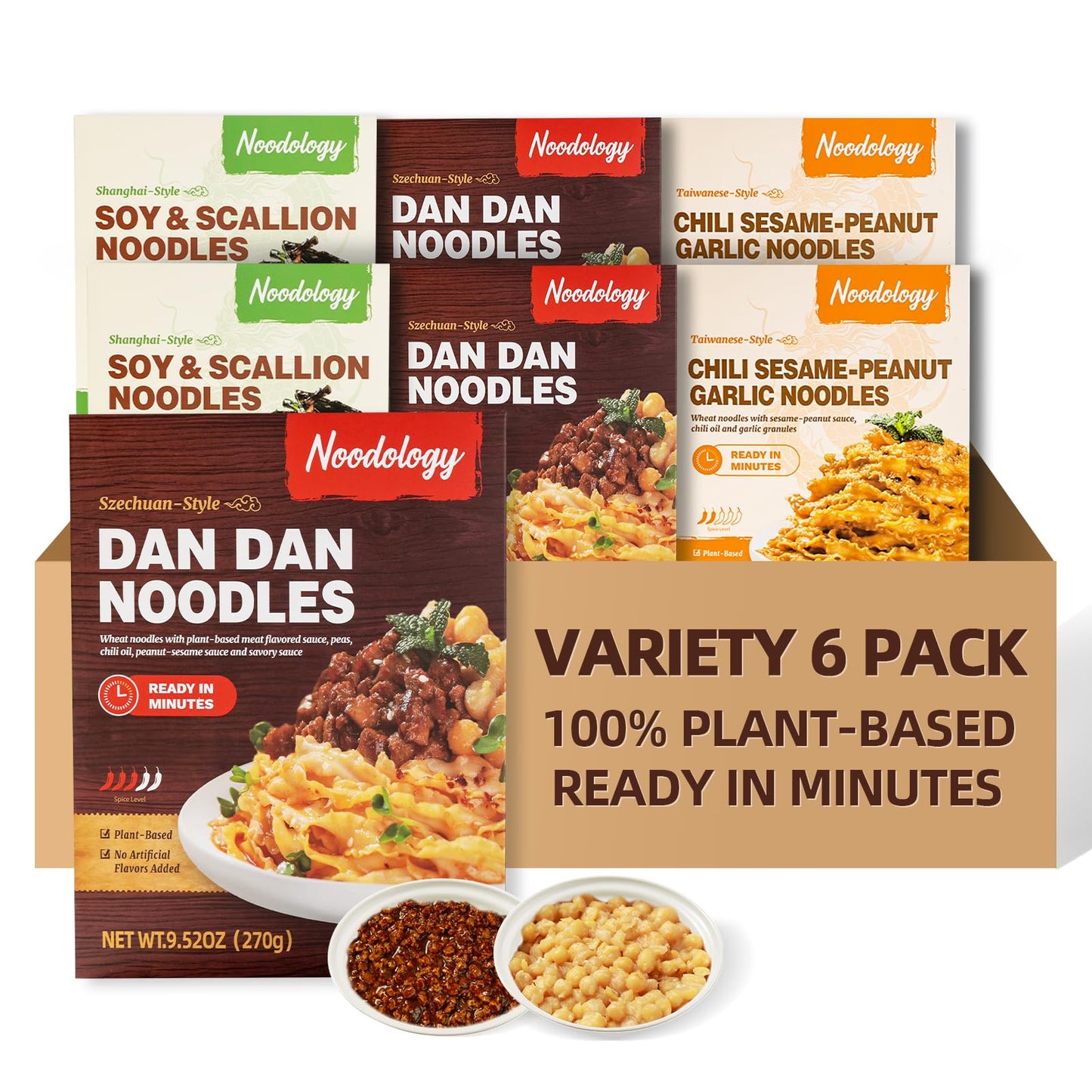 Asian Ramen Noodles Dishes Chinese Prepared Meals Kits Variety Pack (2x Dan Dan, 2x Chili Sesame Garlic, 2x Soy & Scallion), Sun-Dried, Knife-Cut, Non-Fried, Plant Based Instant Healthy Noodles, Ready In Minutes, 6-Pack