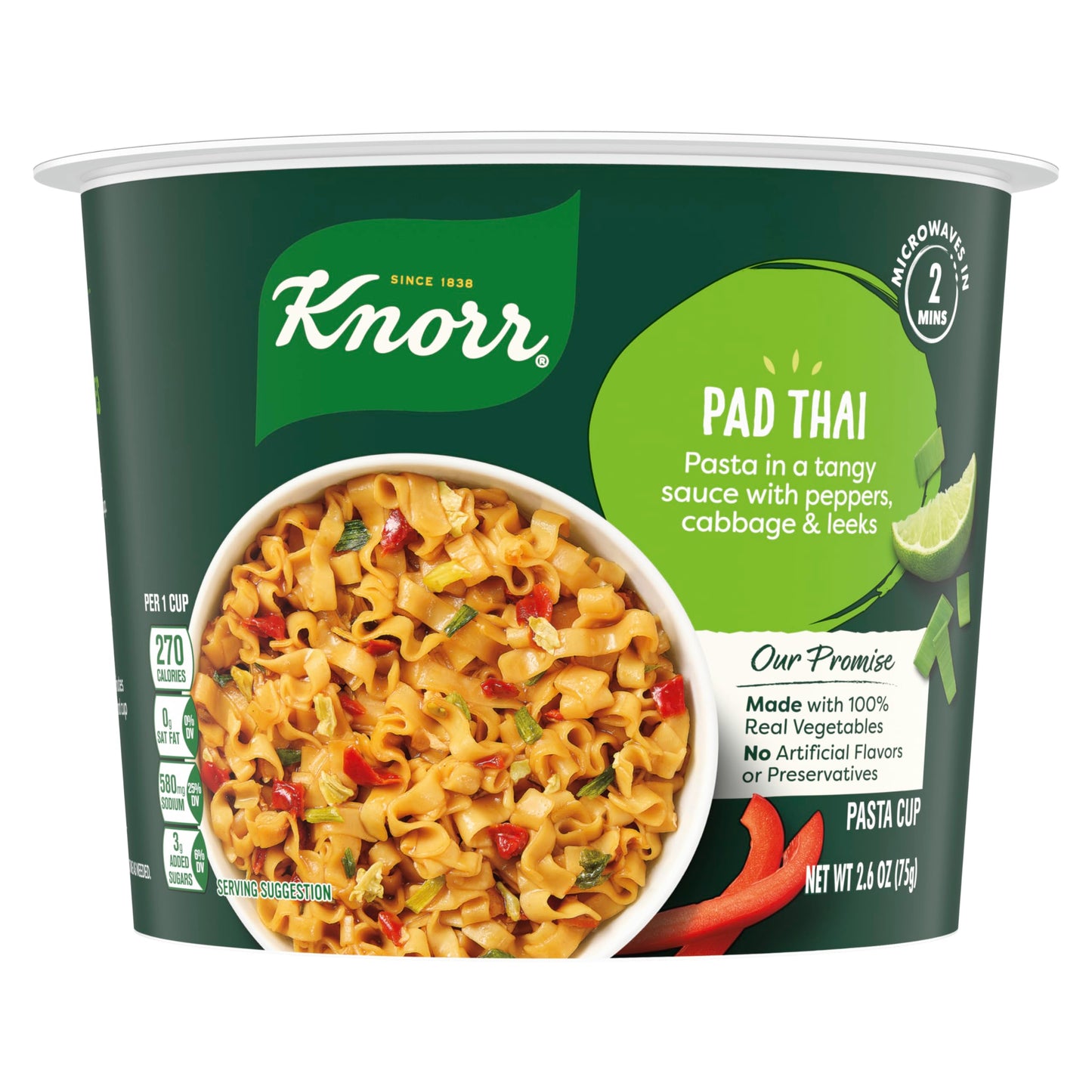 Knorr Pasta Cup For a Quick and Easy Meal Pad Thai Made with 100% Real Vegetables & No Artificial Flavors or Preservatives, 2.6 oz