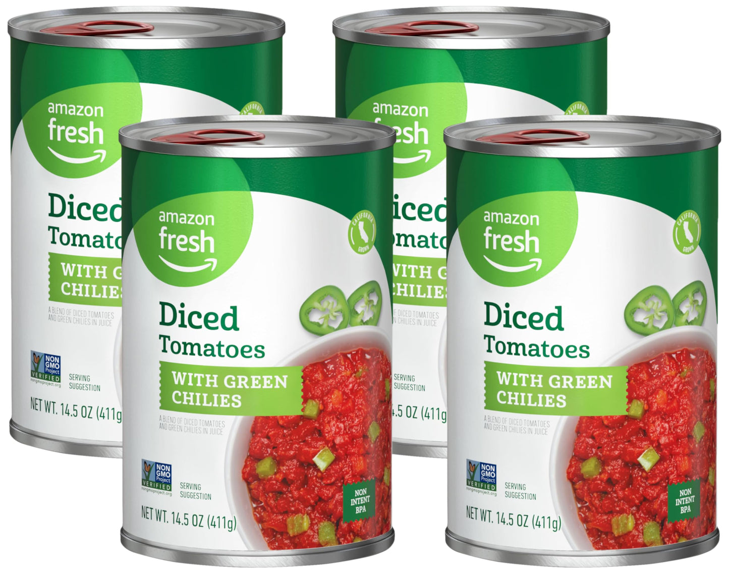 Amazon Fresh, Diced Canned Tomatoes With Green Chilies, 14.5 Oz (Previously Happy Belly, Packaging May Vary) (Pack of 4)