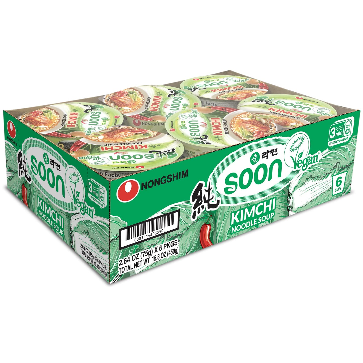 Soon Kimchi Instant Vegan Ramen Noodle Soup Mix Cup, 6 Pack