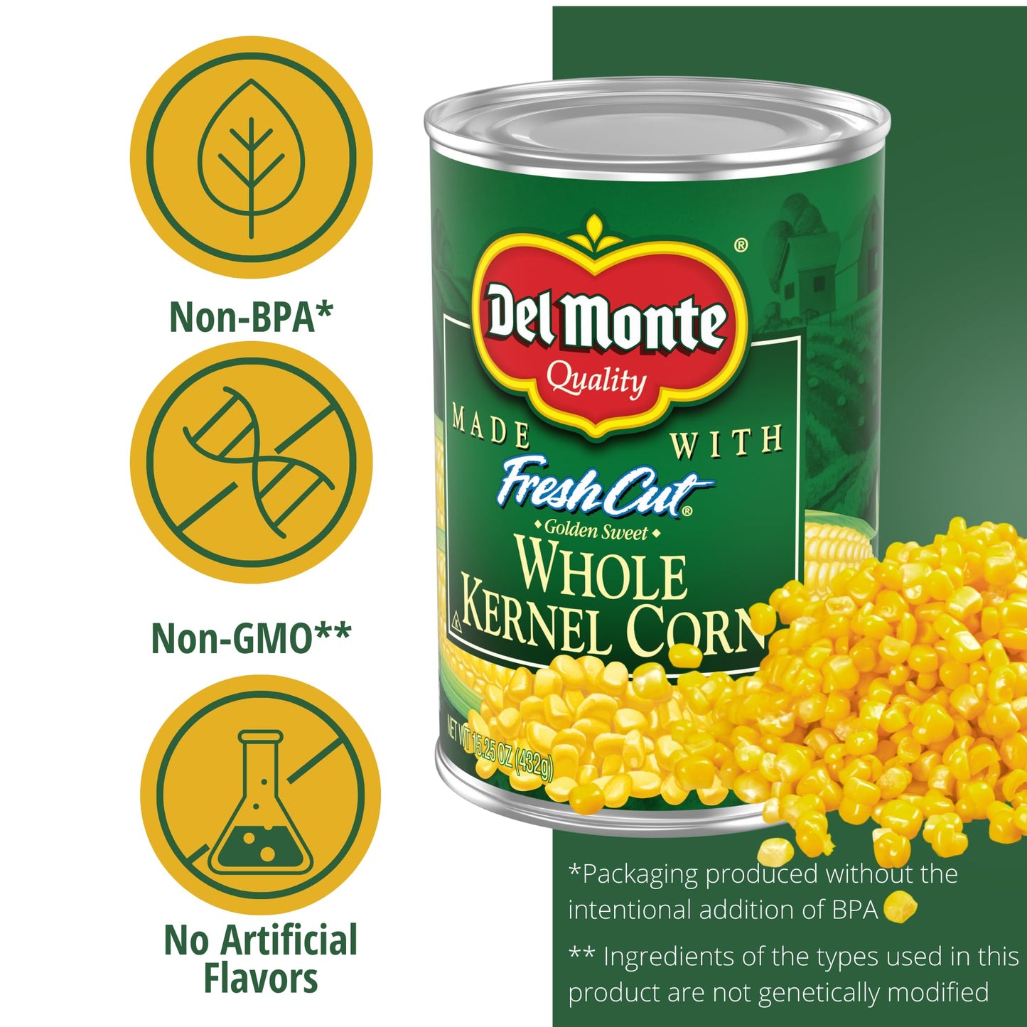 Del Monte Canned Fresh Cut Whole Golden Sweet Kernel Corn, 15.25 Ounce (Pack of 12)