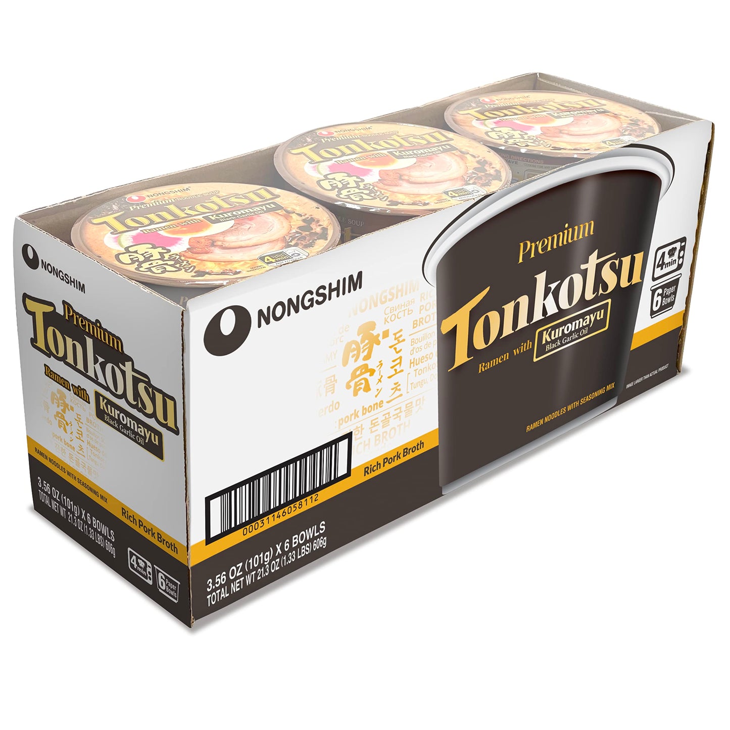 Nongshim Tonkotsu Kuromayu Ramen with Kuromayu Black Garlic Oil, 6 Paper Bowls