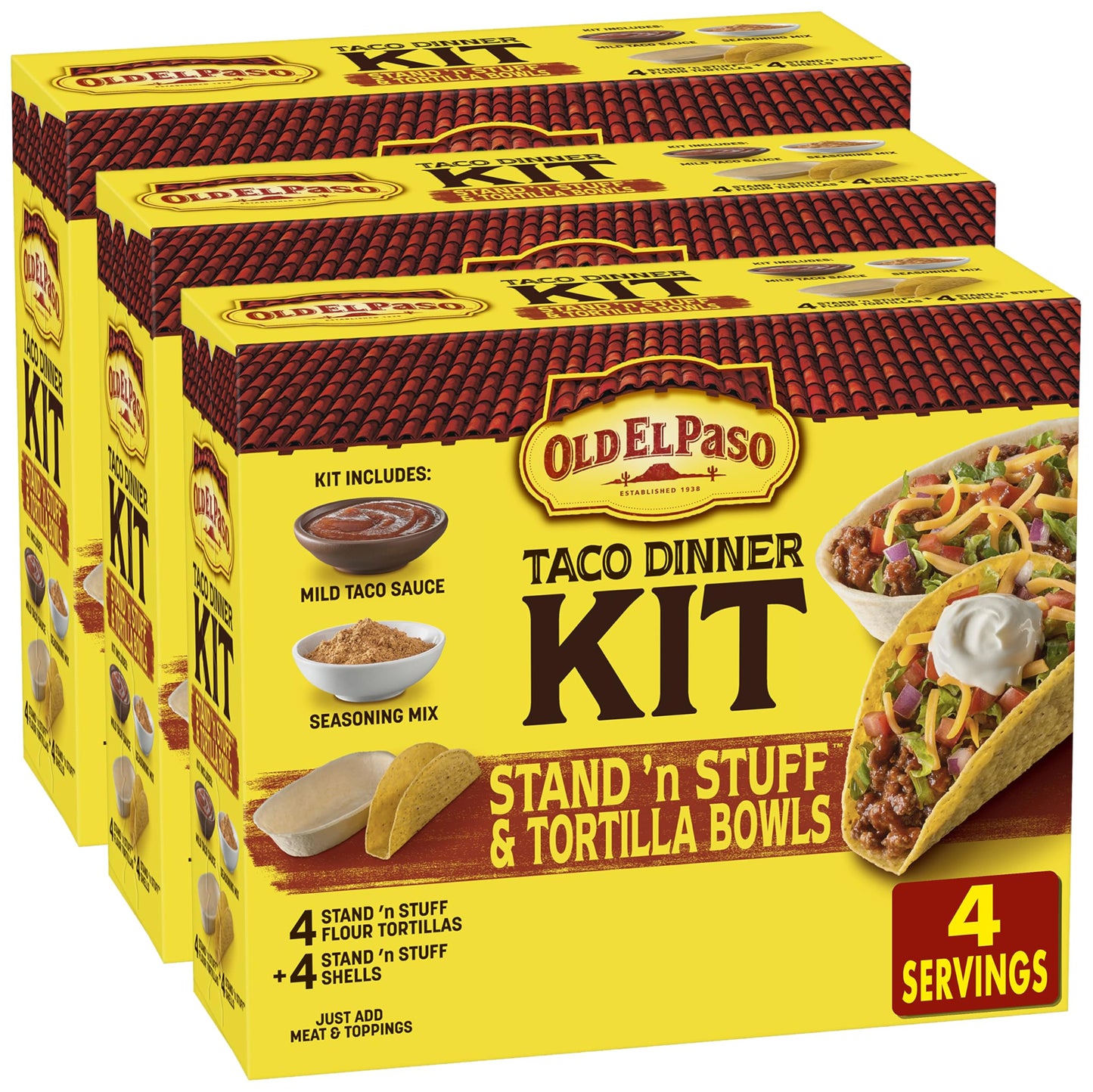 Old El Paso Stand 'N Stuff Shells and Tortilla Bowls, Hard & Soft Taco Dinner Kit, 9.4 oz. (Pack of 3)